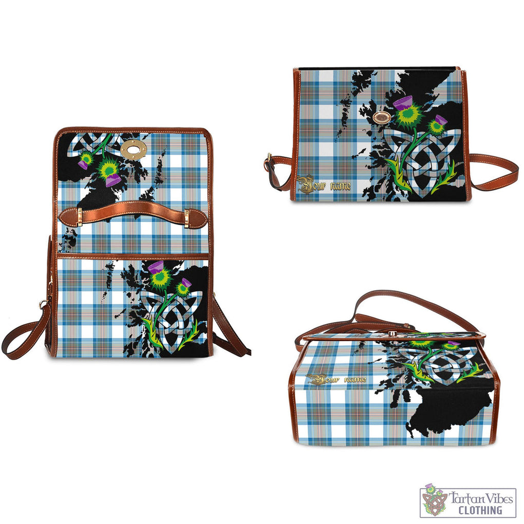 Tartan Vibes Clothing Stewart Muted Blue Tartan Waterproof Canvas Bag with Scotland Map and Thistle Celtic Accents