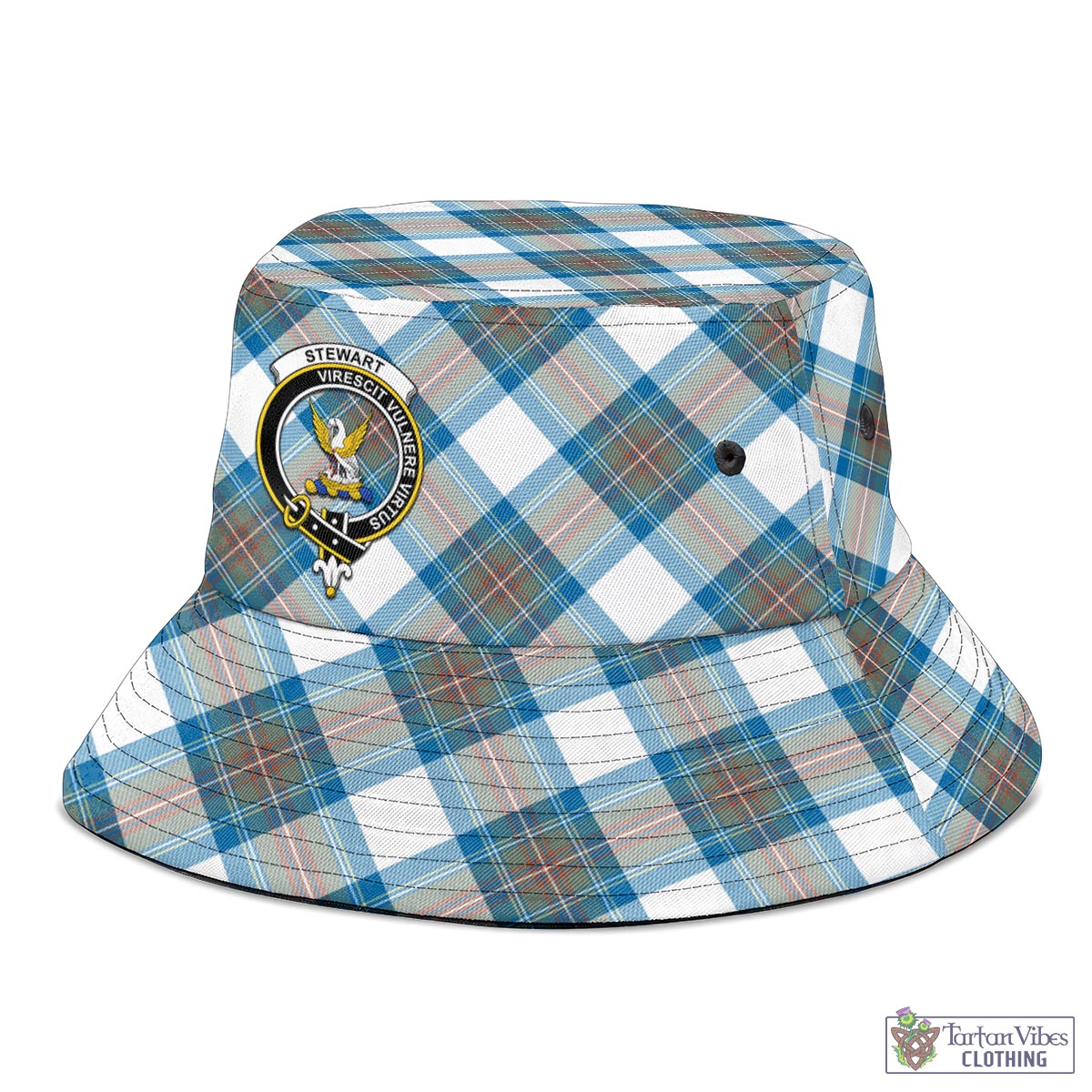 Tartan Vibes Clothing Stewart Muted Blue Tartan Bucket Hat with Family Crest