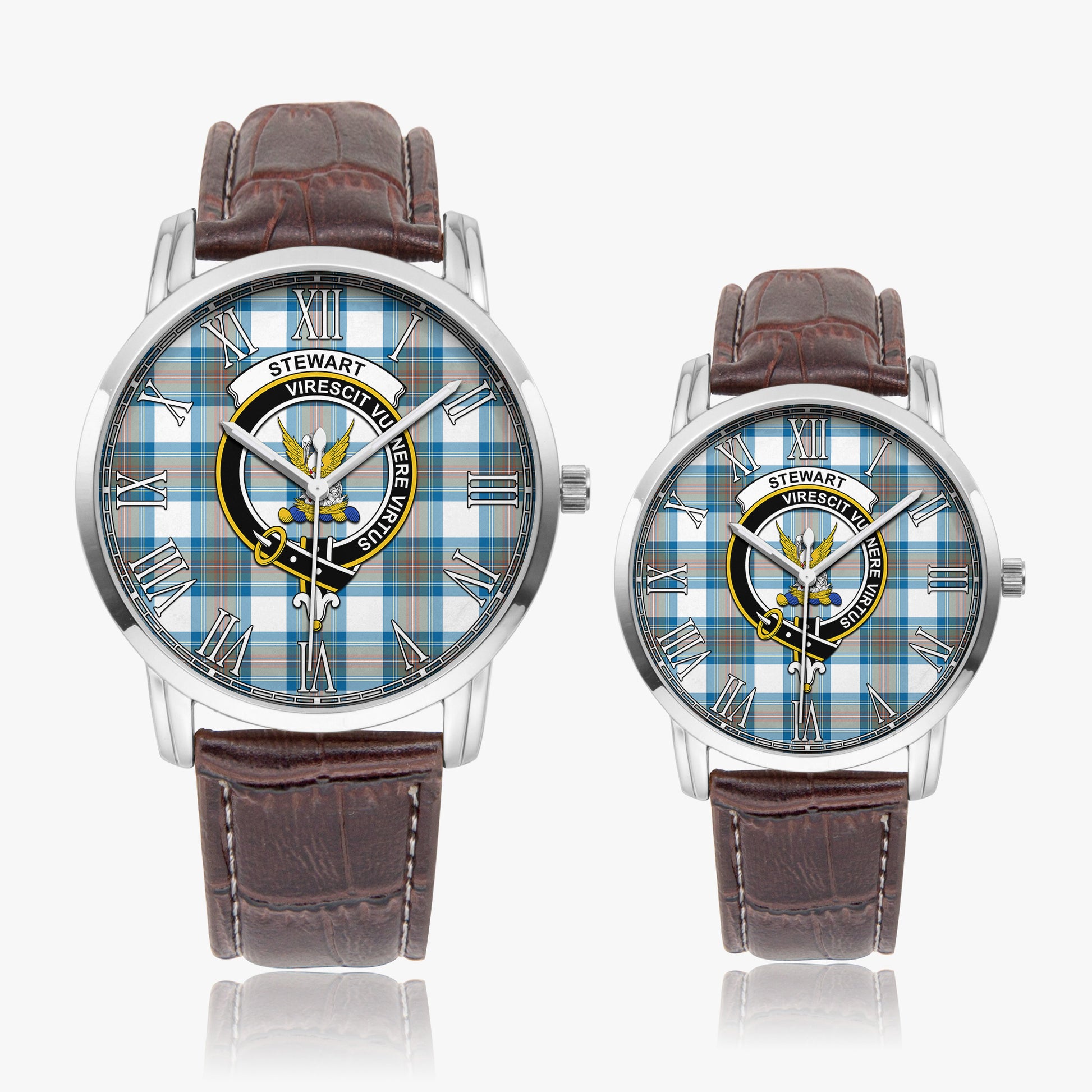 Stewart Muted Blue Tartan Family Crest Leather Strap Quartz Watch - Tartanvibesclothing