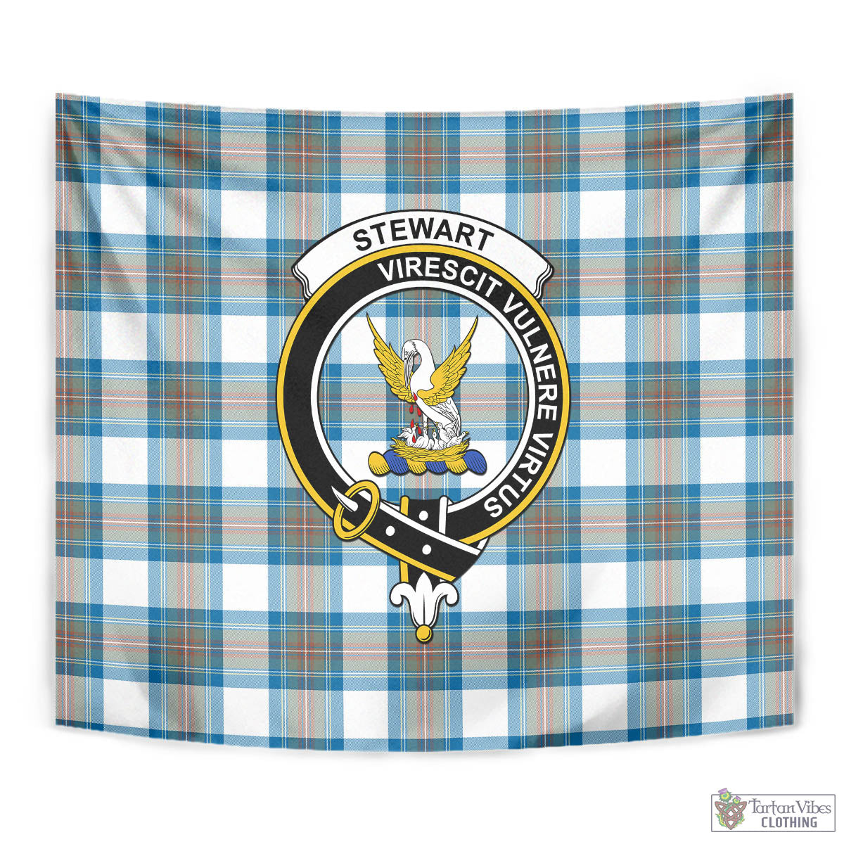 Tartan Vibes Clothing Stewart Muted Blue Tartan Tapestry Wall Hanging and Home Decor for Room with Family Crest