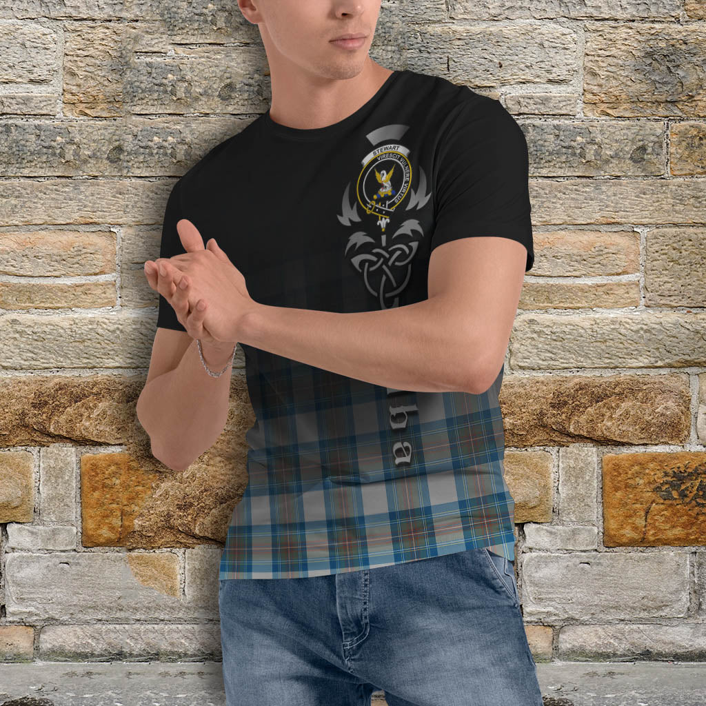 Tartan Vibes Clothing Stewart Muted Blue Tartan T-Shirt Featuring Alba Gu Brath Family Crest Celtic Inspired