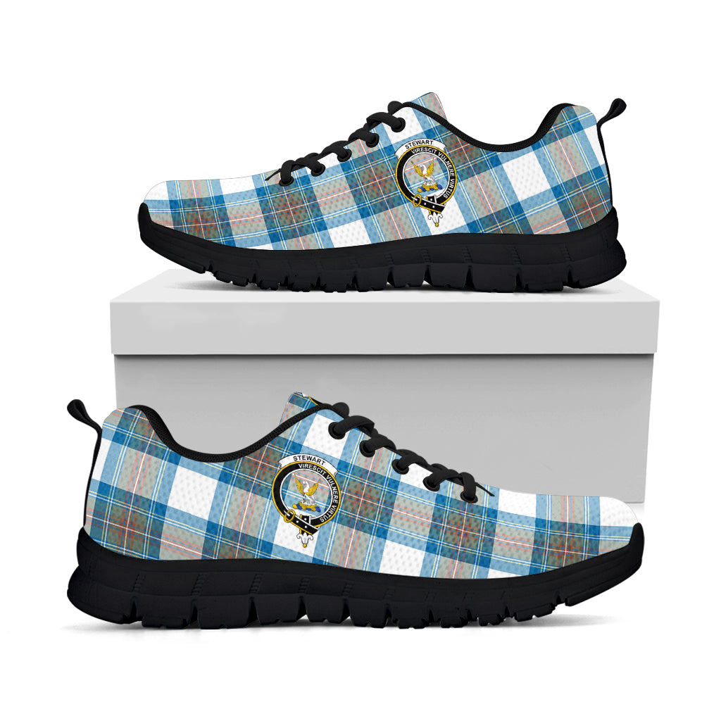 Stewart Muted Blue Tartan Sneakers with Family Crest - Tartan Vibes Clothing