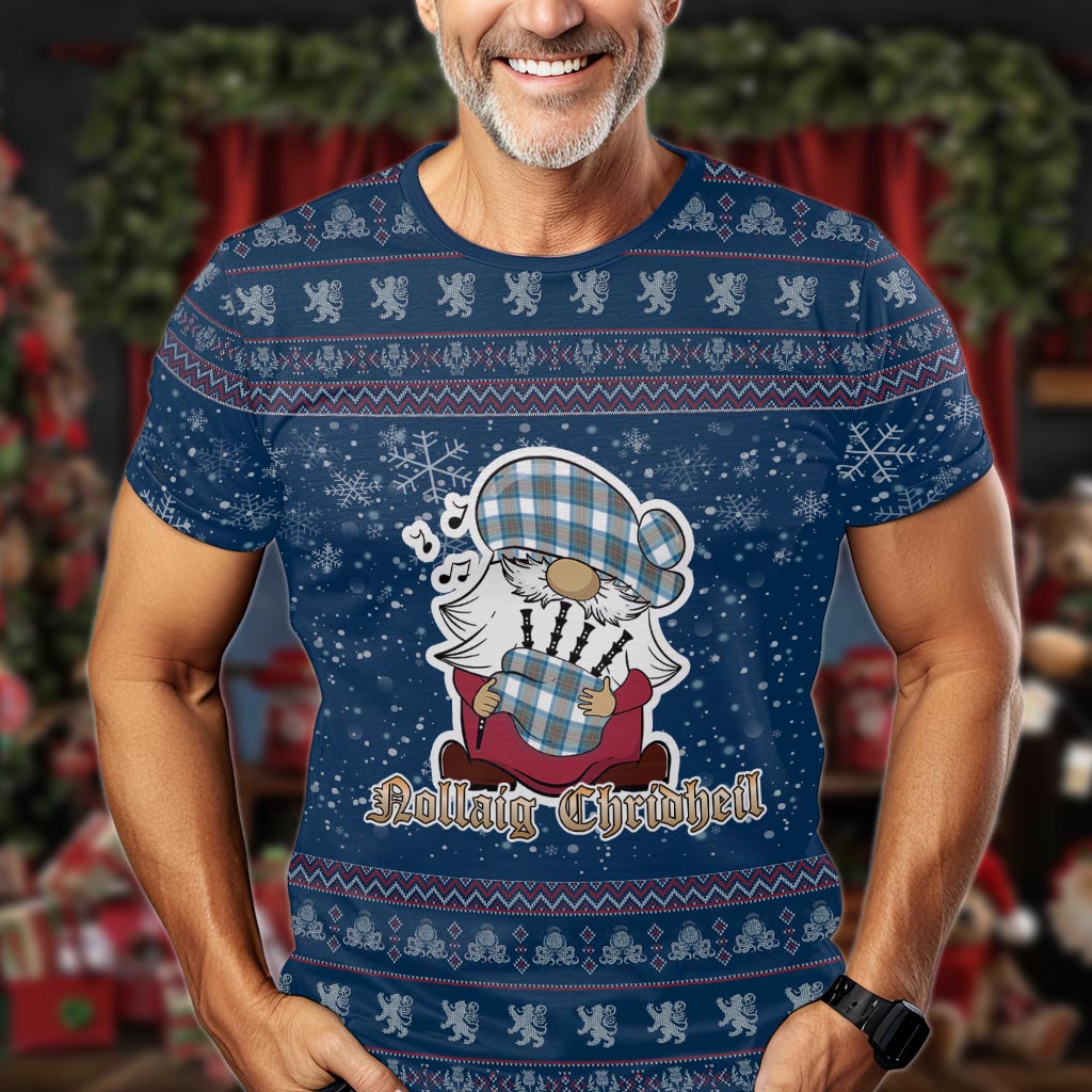 Stewart Muted Blue Clan Christmas Family T-Shirt with Funny Gnome Playing Bagpipes Men's Shirt Blue - Tartanvibesclothing