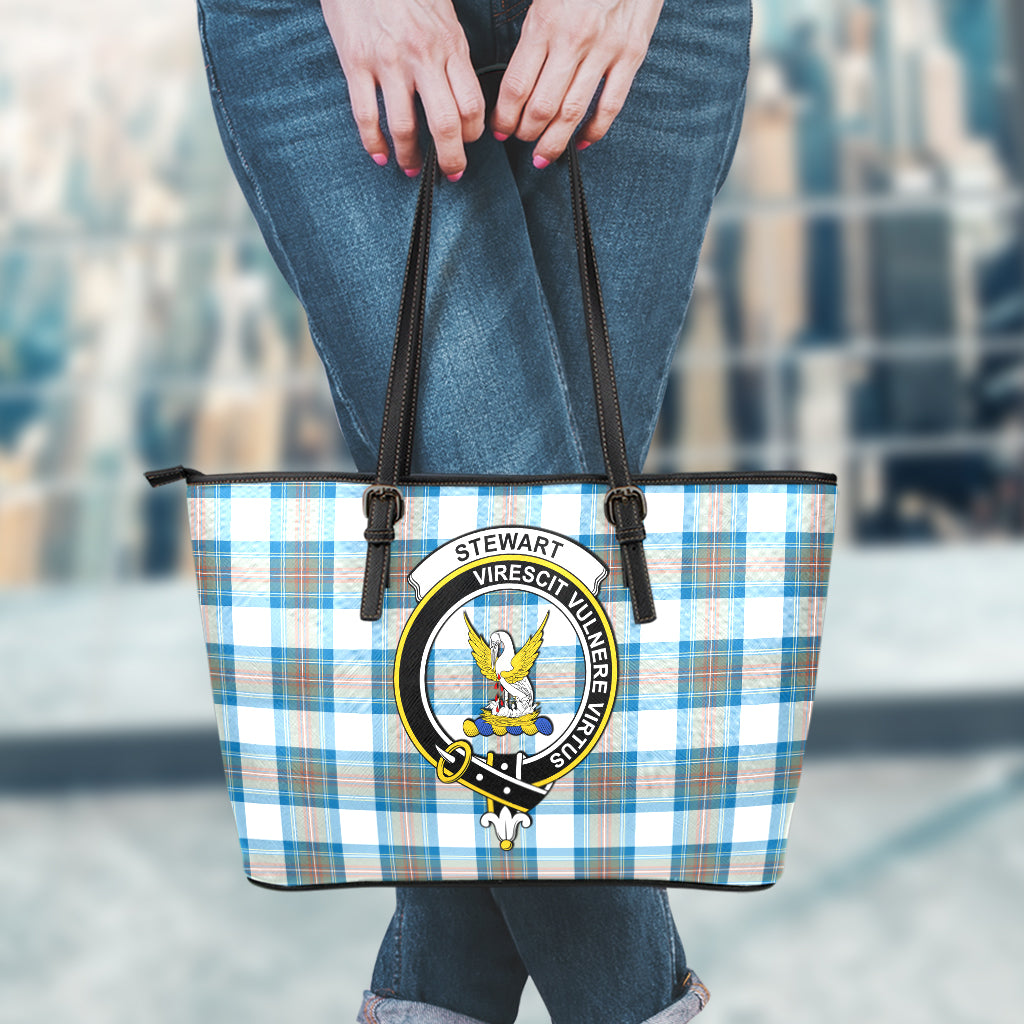 Stewart Muted Blue Tartan Leather Tote Bag with Family Crest - Tartan Vibes Clothing