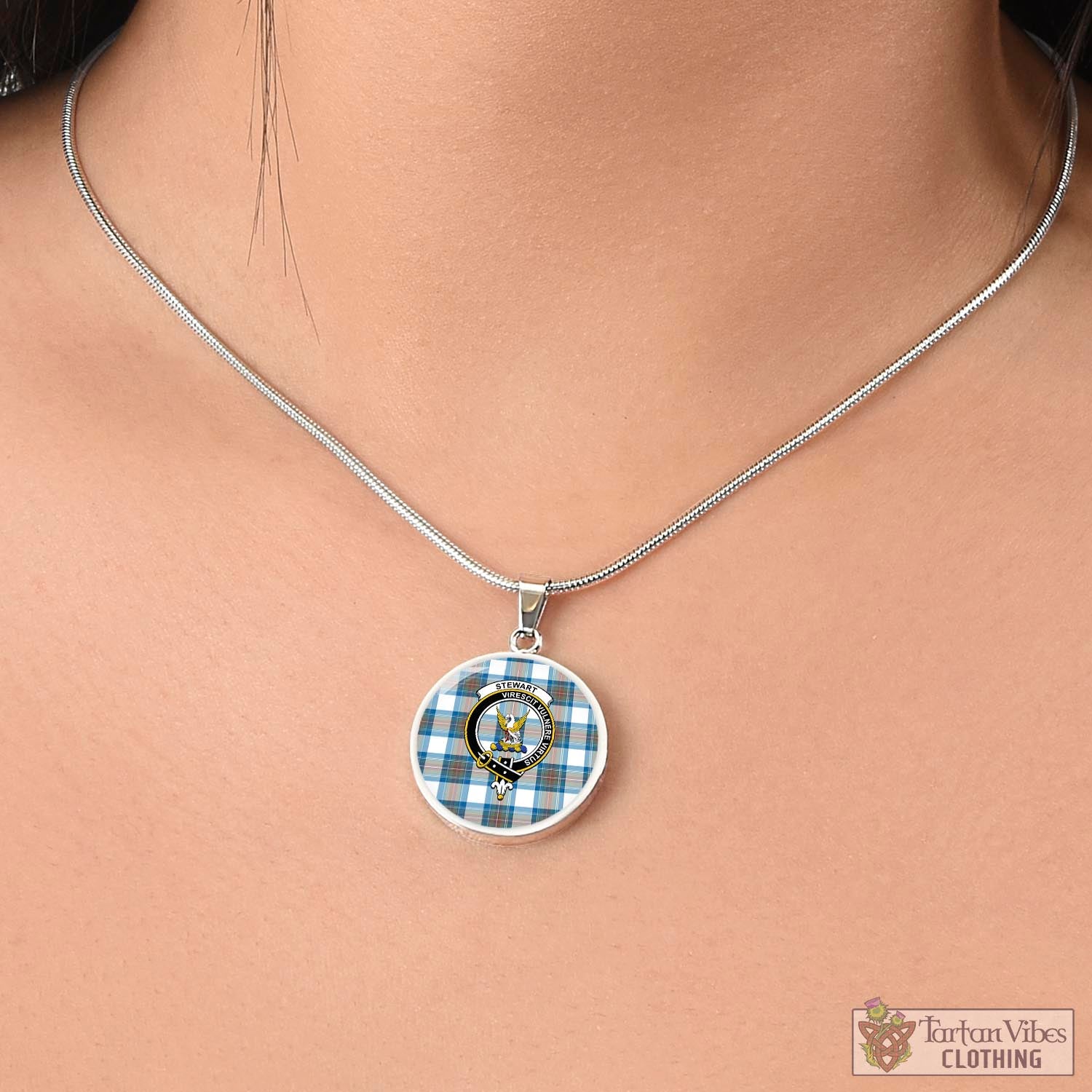 Tartan Vibes Clothing Stewart Muted Blue Tartan Circle Necklace with Family Crest