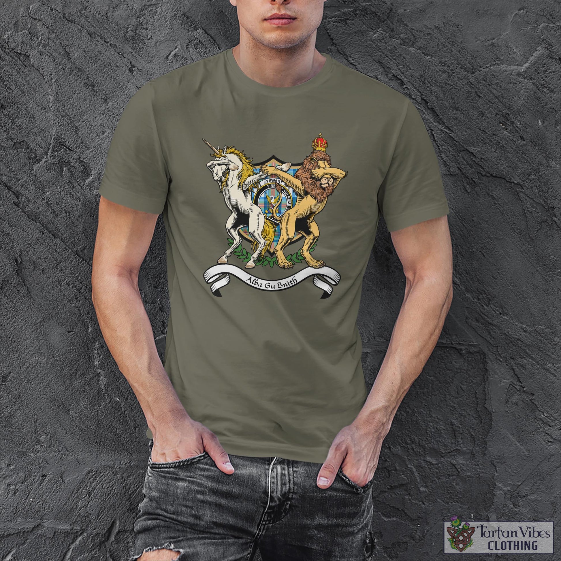 Tartan Vibes Clothing Stewart Muted Blue Family Crest Cotton Men's T-Shirt with Scotland Royal Coat Of Arm Funny Style