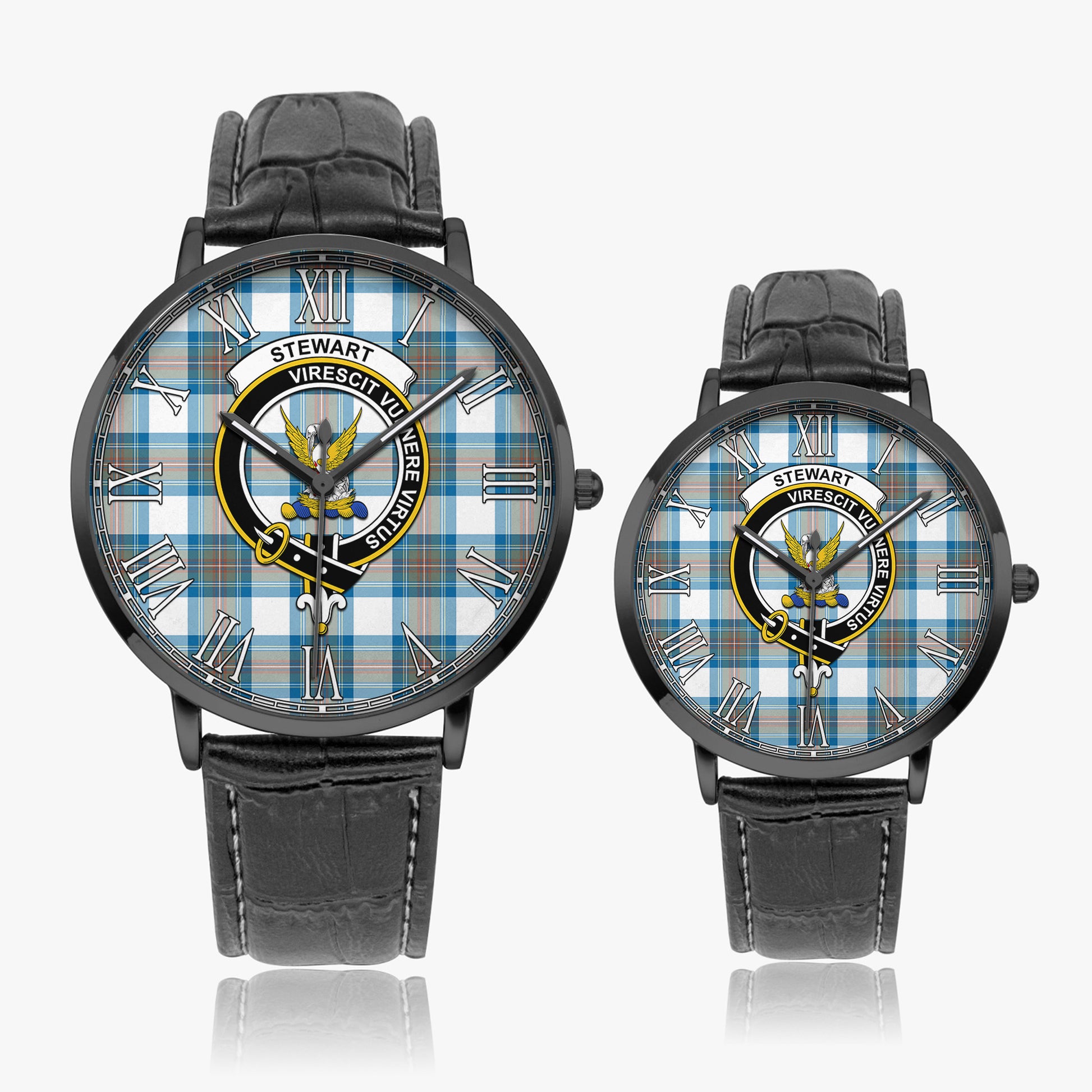 Stewart Muted Blue Tartan Family Crest Leather Strap Quartz Watch - Tartanvibesclothing