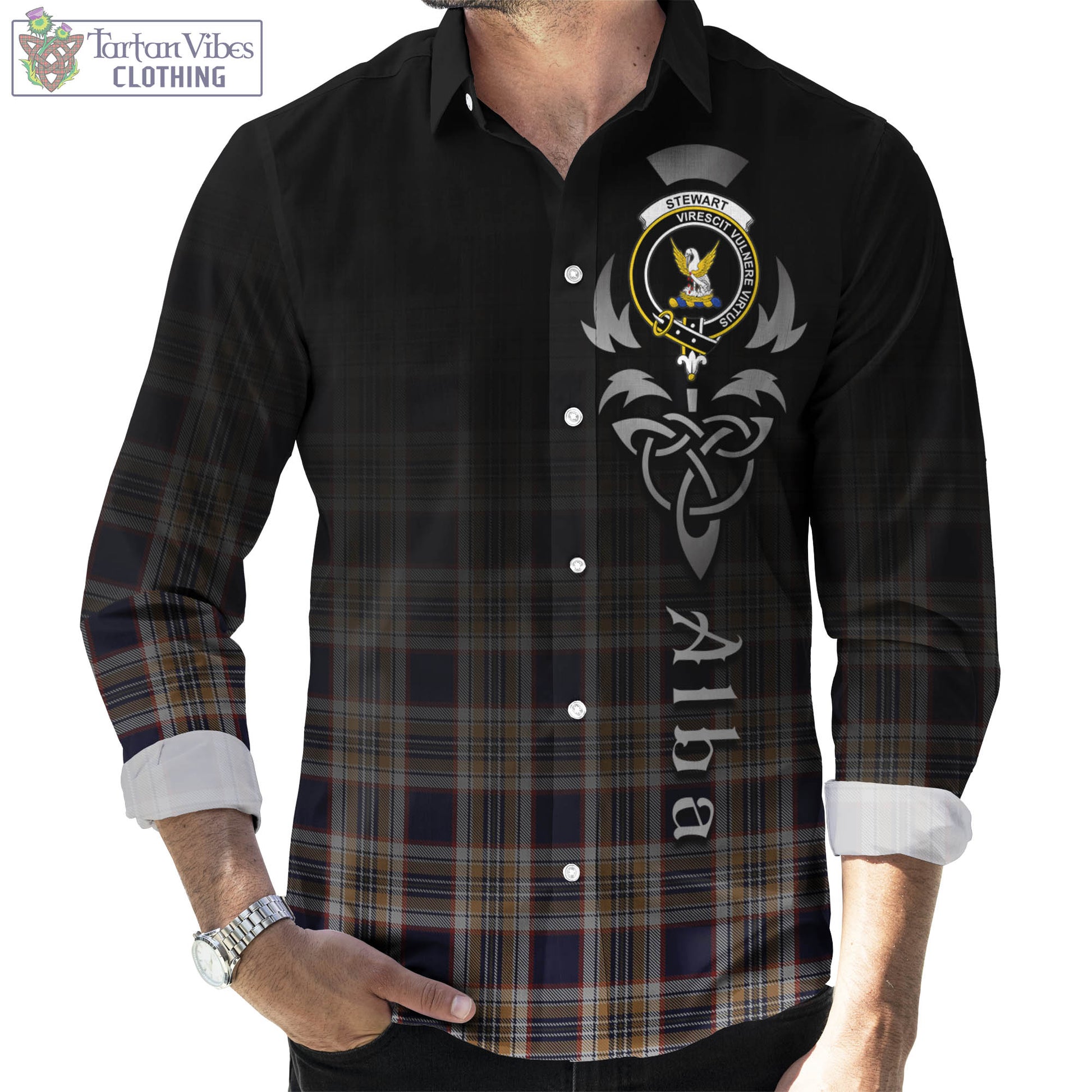 Tartan Vibes Clothing Stewart Navy Tartan Long Sleeve Button Up Featuring Alba Gu Brath Family Crest Celtic Inspired