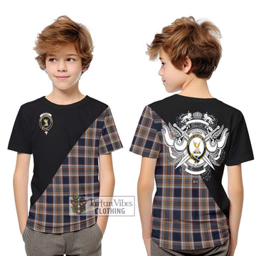 Stewart Navy Tartan Kid T-Shirt with Family Crest and Military Logo Style