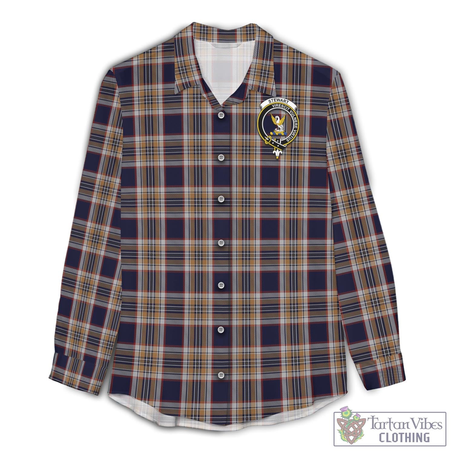 Tartan Vibes Clothing Stewart Navy Tartan Womens Casual Shirt with Family Crest