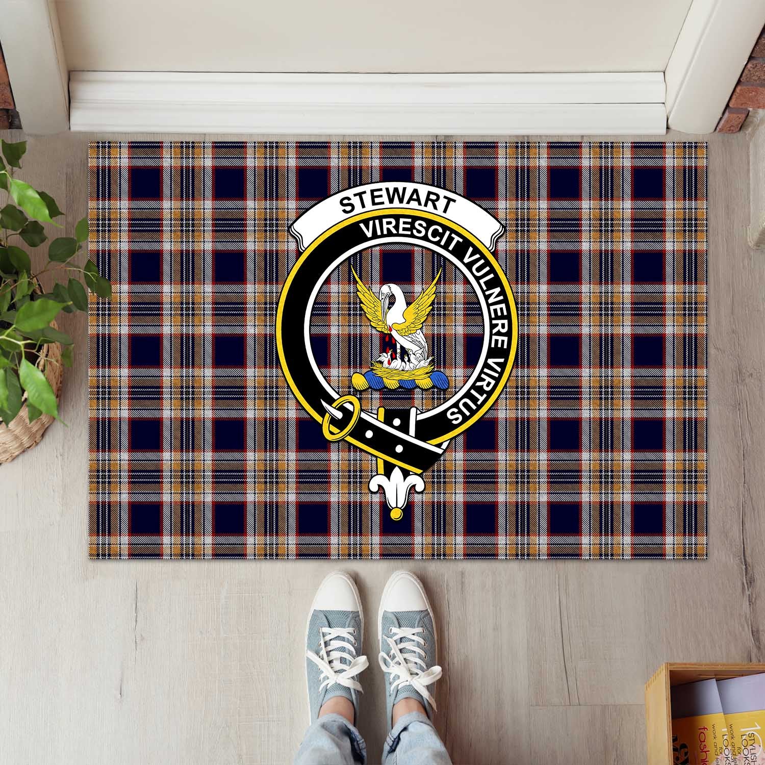 Stewart Navy Tartan Door Mat with Family Crest - Tartanvibesclothing Shop