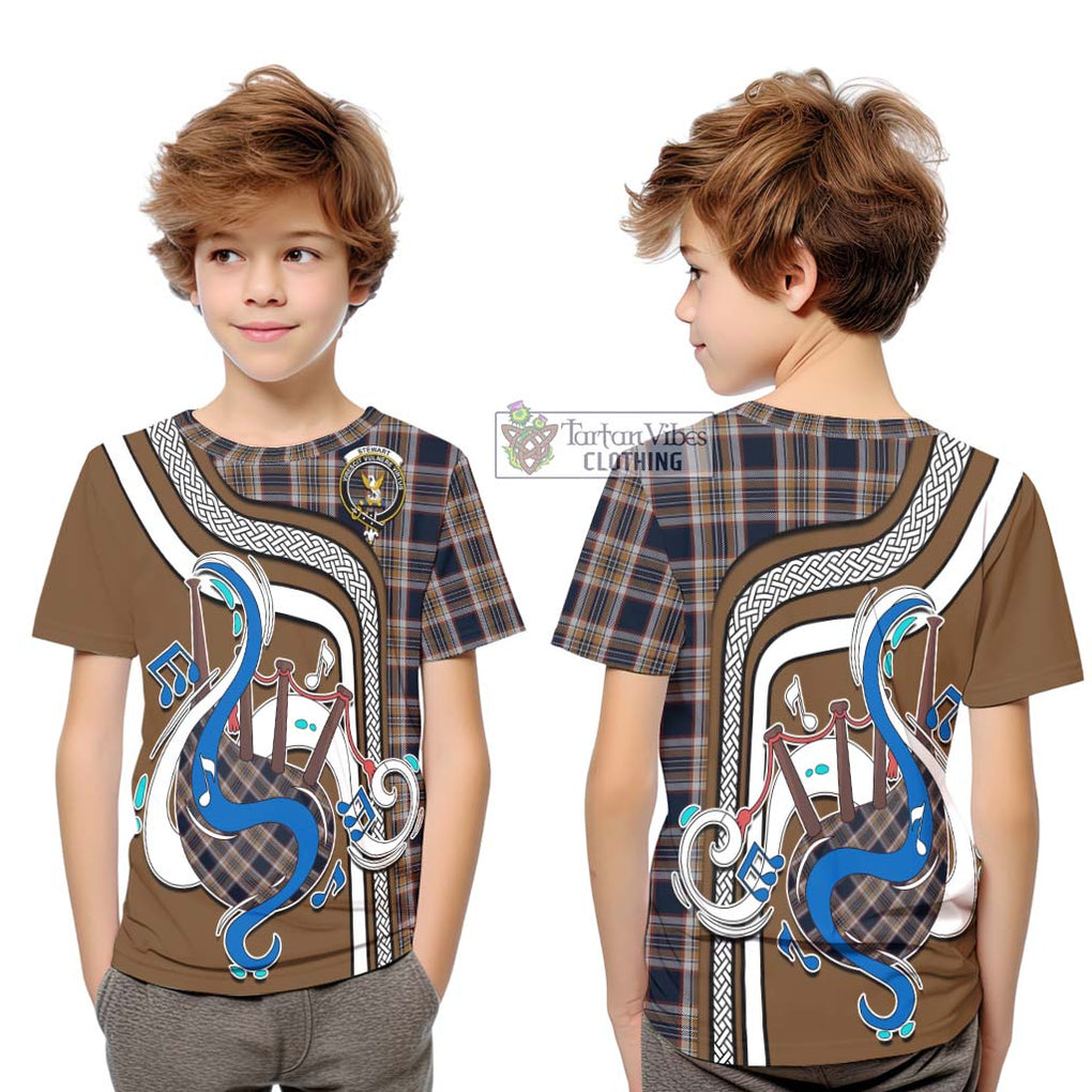 Tartan Vibes Clothing Stewart Navy Tartan Kid T-Shirt with Epic Bagpipe Style