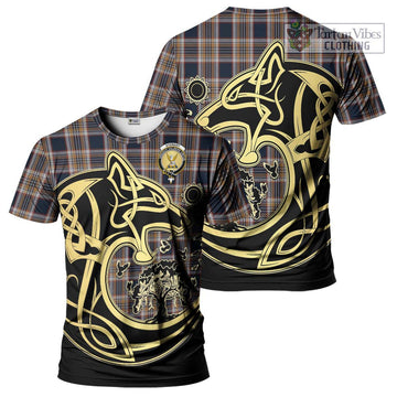 Stewart Navy Tartan T-Shirt with Family Crest Celtic Wolf Style