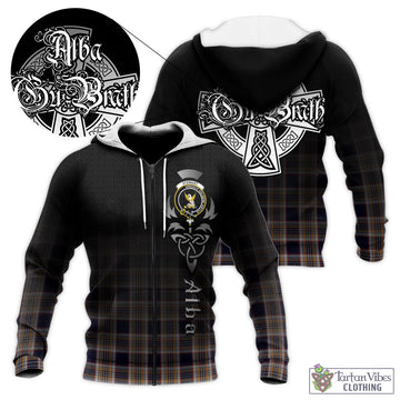 Stewart Navy Tartan Knitted Hoodie Featuring Alba Gu Brath Family Crest Celtic Inspired