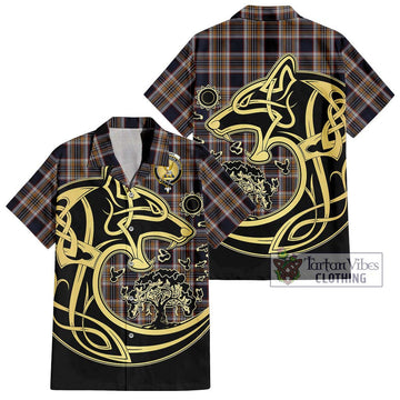 Stewart Navy Tartan Short Sleeve Button Shirt with Family Crest Celtic Wolf Style