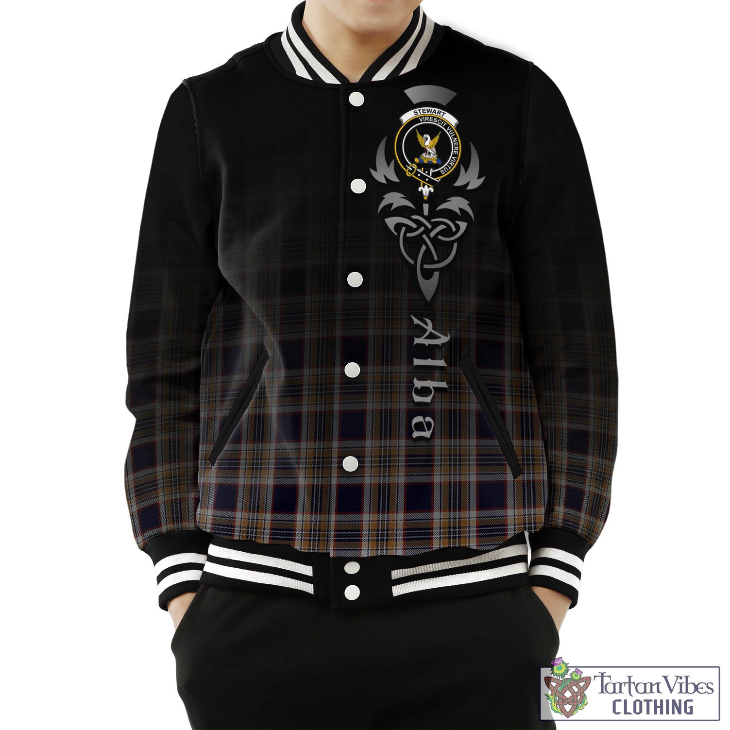 Tartan Vibes Clothing Stewart Navy Tartan Baseball Jacket Featuring Alba Gu Brath Family Crest Celtic Inspired