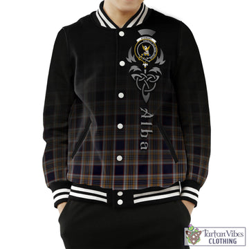 Stewart Navy Tartan Baseball Jacket Featuring Alba Gu Brath Family Crest Celtic Inspired