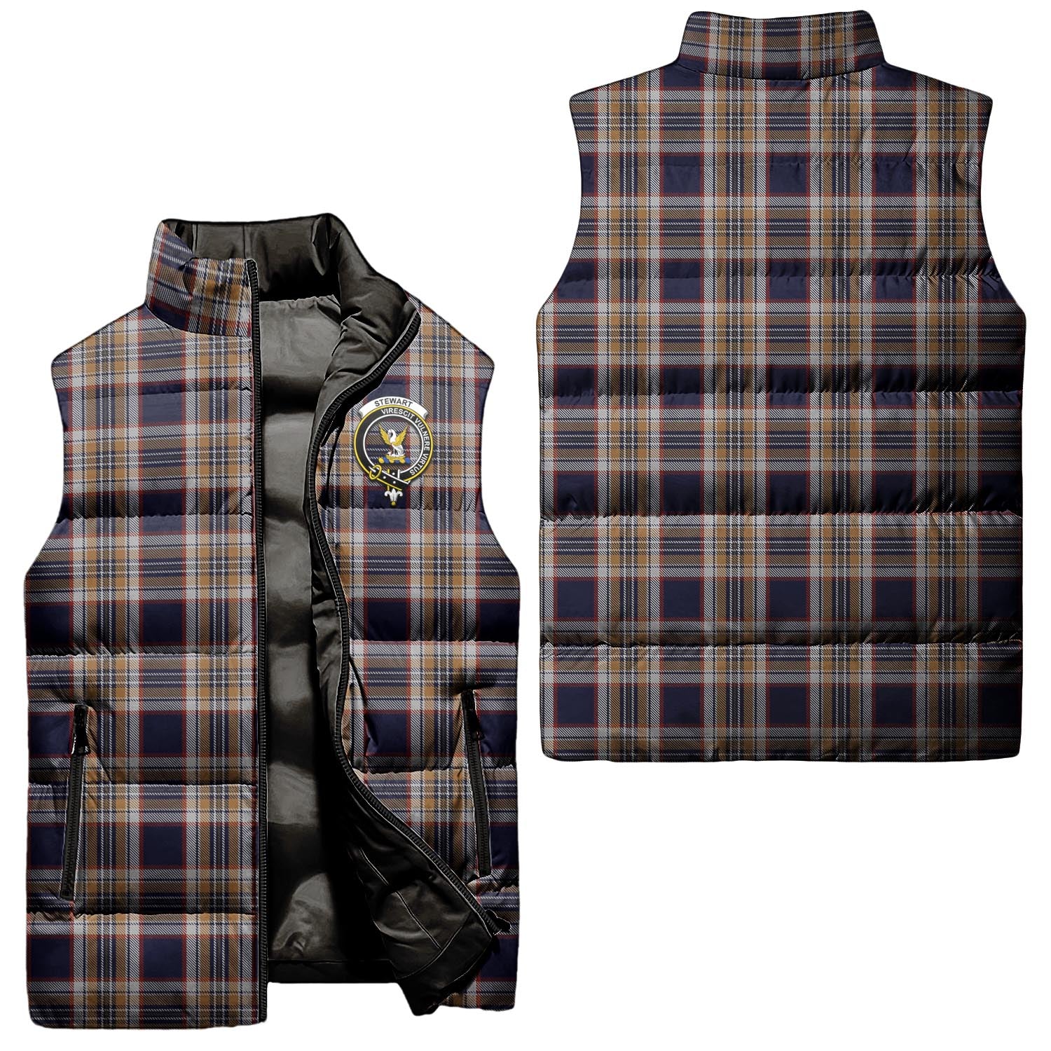 Stewart Navy Tartan Sleeveless Puffer Jacket with Family Crest Unisex - Tartanvibesclothing