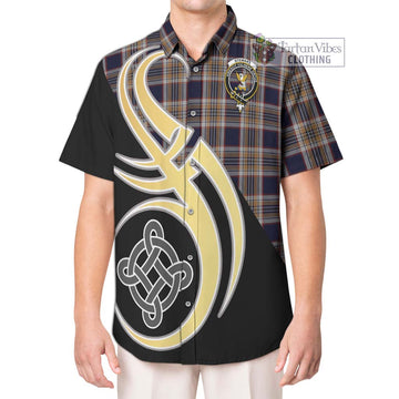 Stewart Navy Tartan Short Sleeve Button Shirt with Family Crest and Celtic Symbol Style