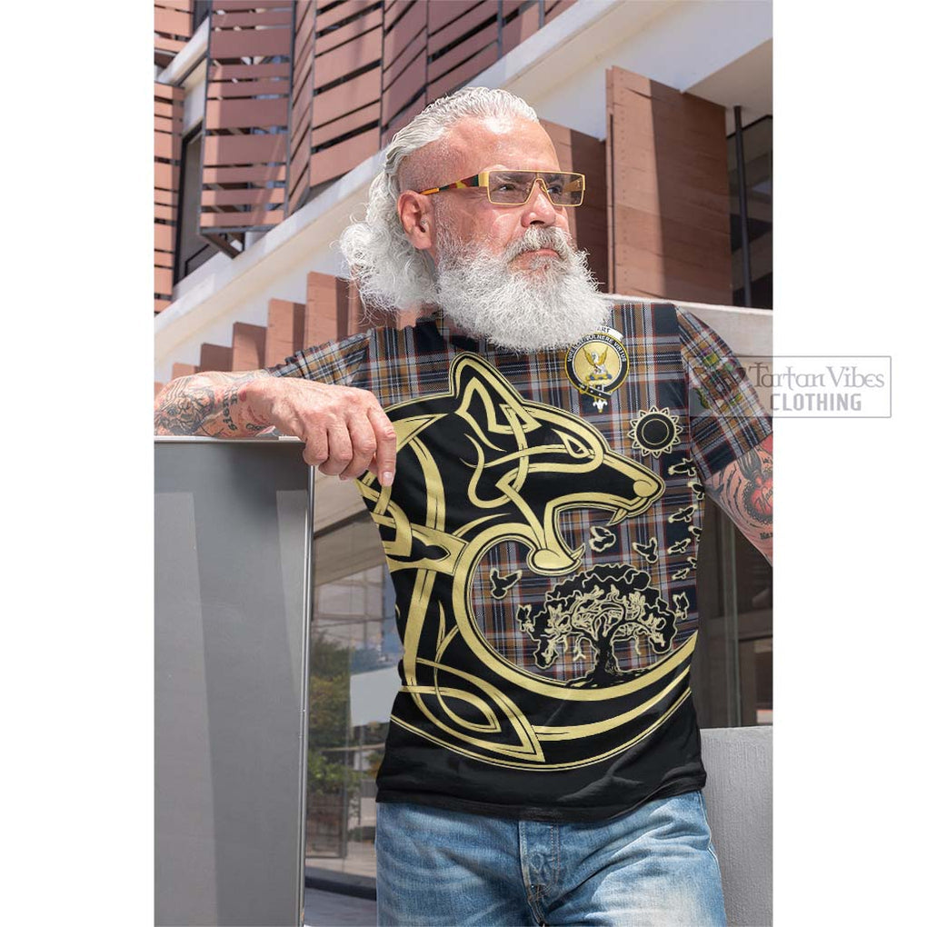 Tartan Vibes Clothing Stewart Navy Tartan Cotton T-shirt with Family Crest Celtic Wolf Style