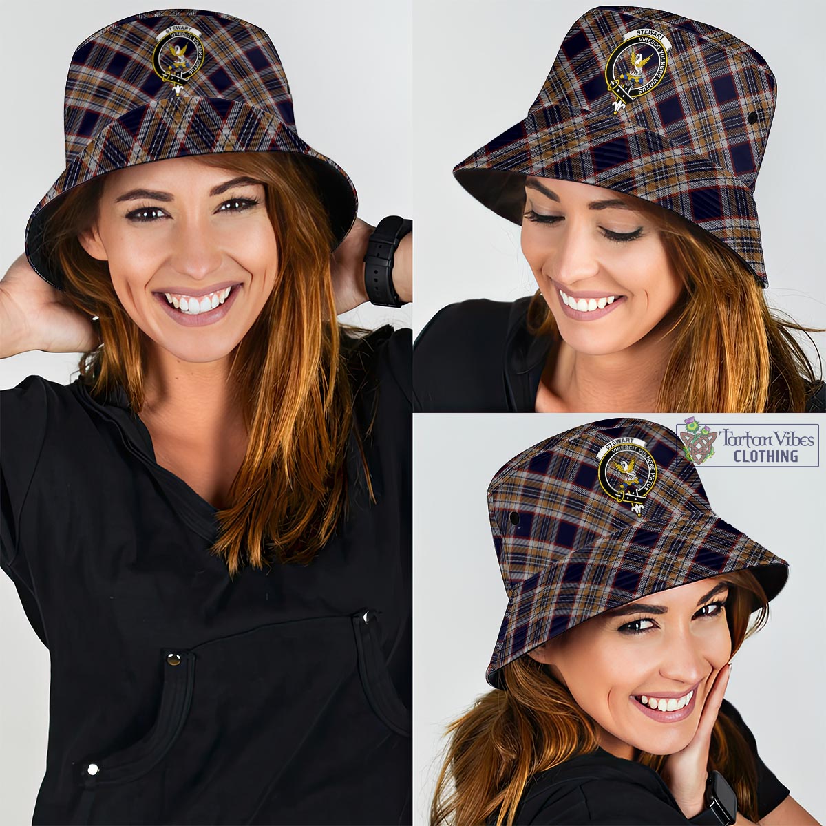 Tartan Vibes Clothing Stewart Navy Tartan Bucket Hat with Family Crest