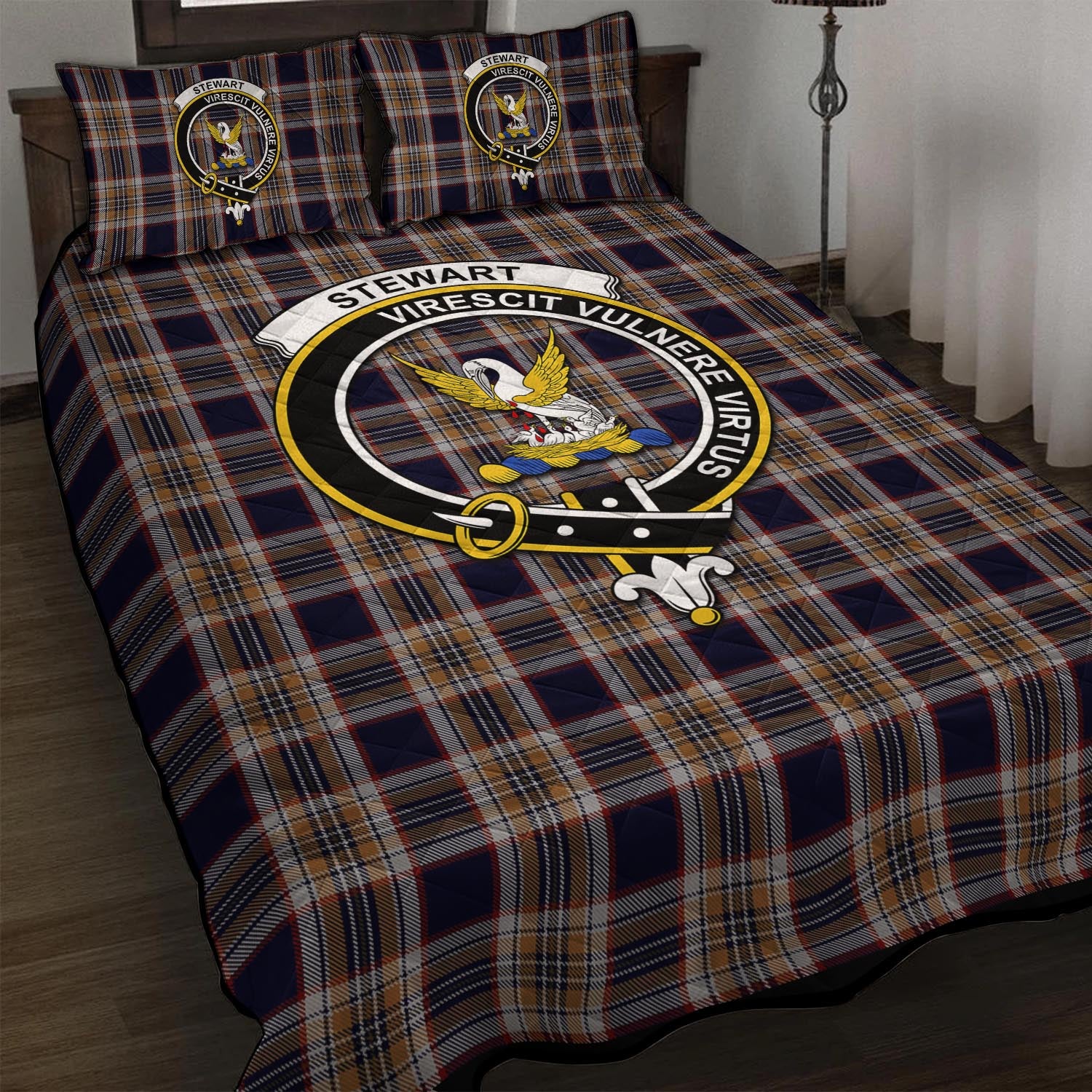 Stewart Navy Tartan Quilt Bed Set with Family Crest - Tartan Vibes Clothing