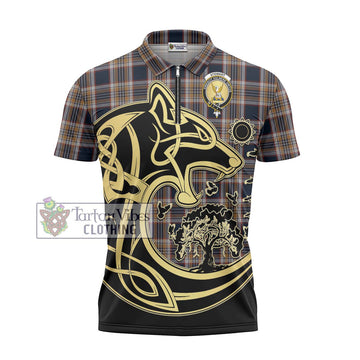 Stewart Navy Tartan Zipper Polo Shirt with Family Crest Celtic Wolf Style