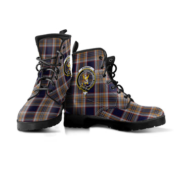 Stewart Navy Tartan Leather Boots with Family Crest