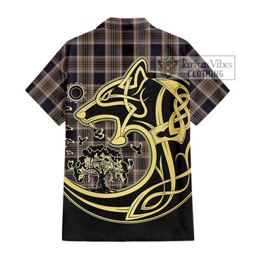 Stewart Navy Tartan Short Sleeve Button Shirt with Family Crest Celtic Wolf Style