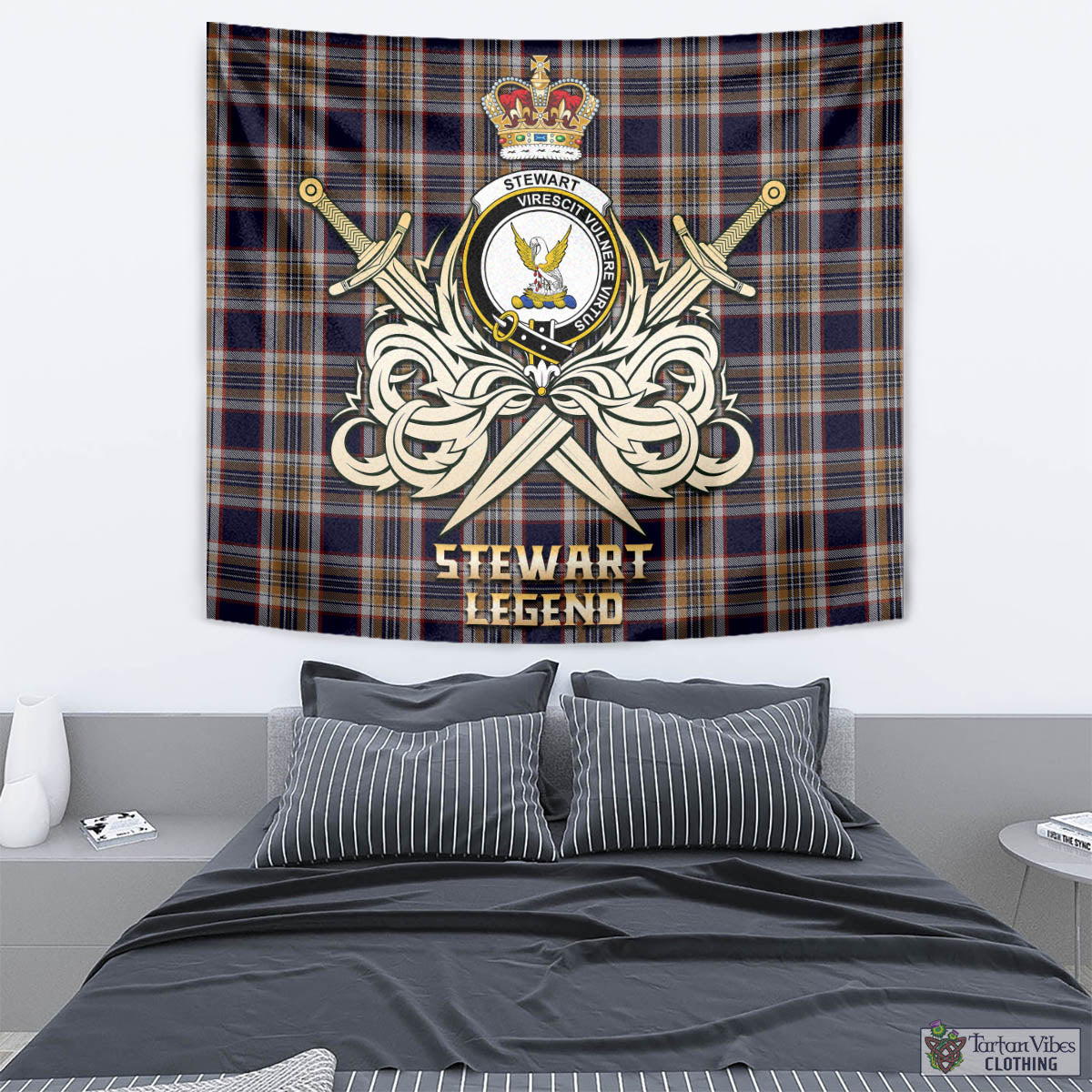 Tartan Vibes Clothing Stewart Navy Tartan Tapestry with Clan Crest and the Golden Sword of Courageous Legacy