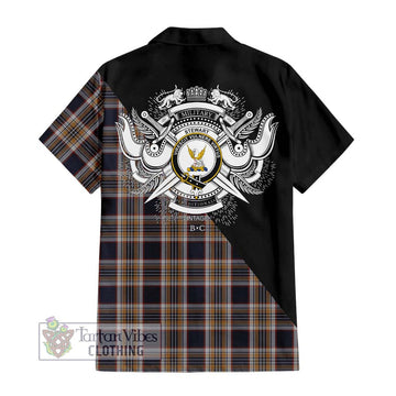 Stewart Navy Tartan Short Sleeve Button Shirt with Family Crest and Military Logo Style