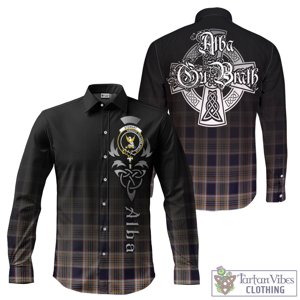 Tartan Vibes Clothing Stewart Navy Tartan Long Sleeve Button Up Featuring Alba Gu Brath Family Crest Celtic Inspired