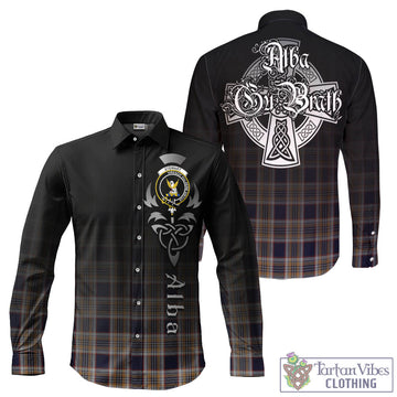 Stewart Navy Tartan Long Sleeve Button Up Featuring Alba Gu Brath Family Crest Celtic Inspired