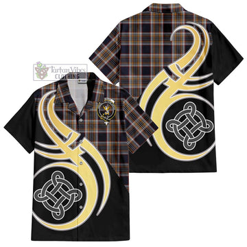 Stewart Navy Tartan Short Sleeve Button Shirt with Family Crest and Celtic Symbol Style