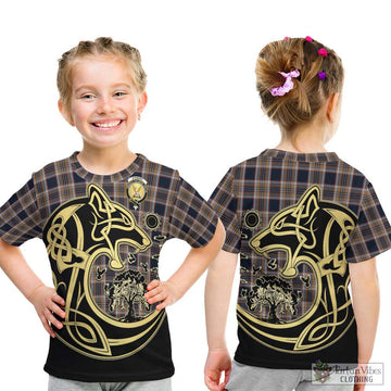 Stewart Navy Tartan Kid T-Shirt with Family Crest Celtic Wolf Style