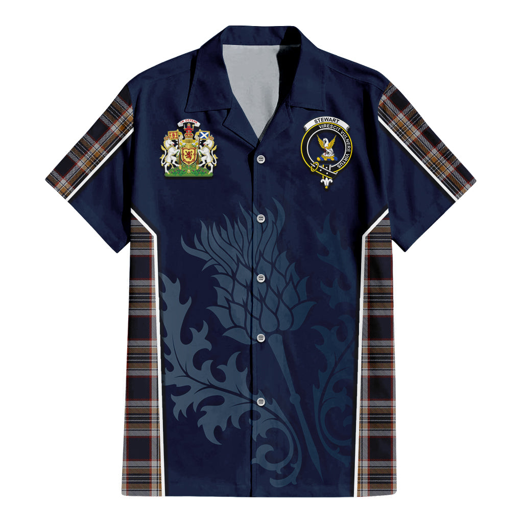 Tartan Vibes Clothing Stewart Navy Tartan Short Sleeve Button Up Shirt with Family Crest and Scottish Thistle Vibes Sport Style