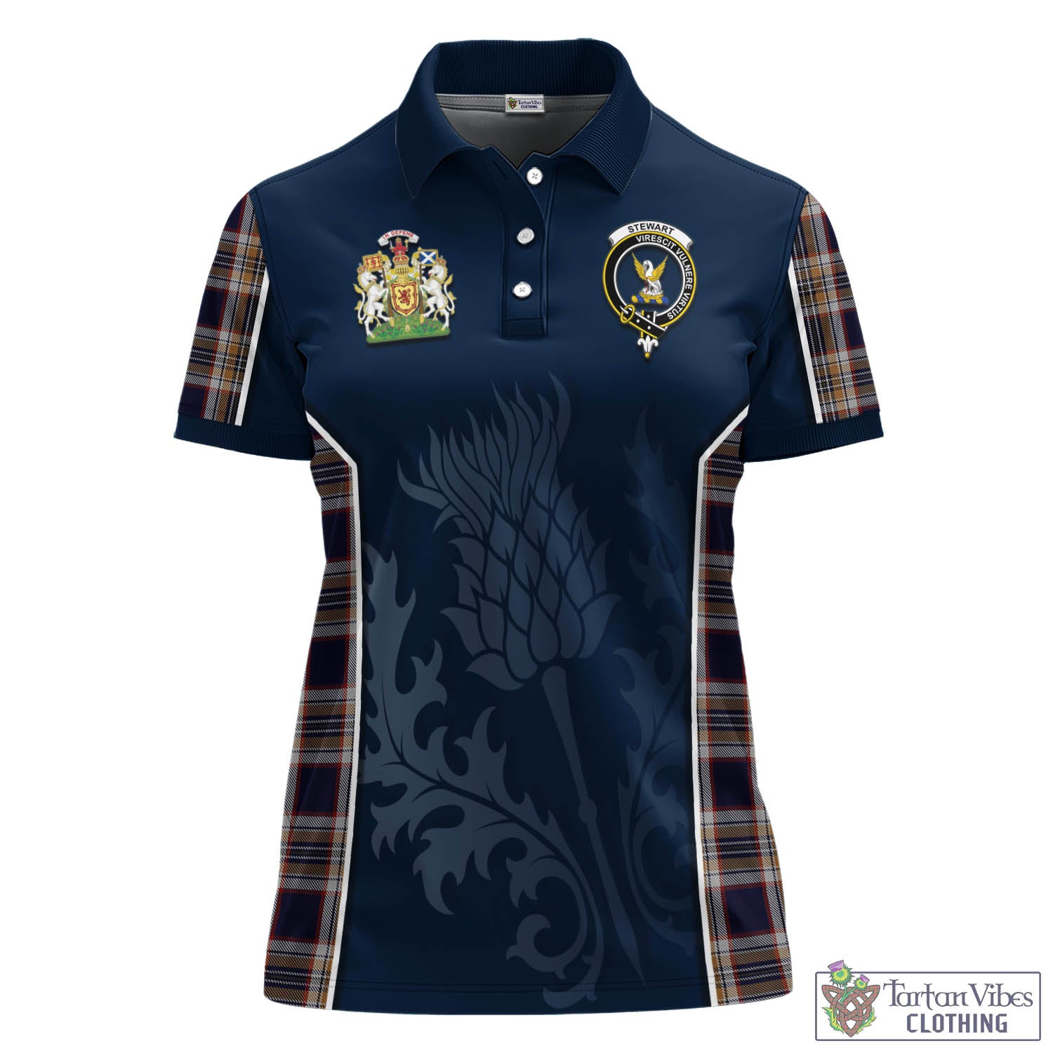 Tartan Vibes Clothing Stewart Navy Tartan Women's Polo Shirt with Family Crest and Scottish Thistle Vibes Sport Style