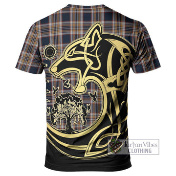 Stewart Navy Tartan T-Shirt with Family Crest Celtic Wolf Style