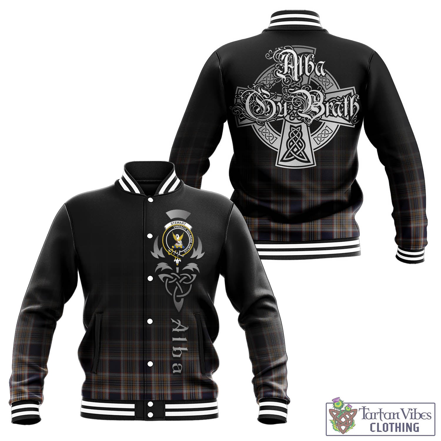 Tartan Vibes Clothing Stewart Navy Tartan Baseball Jacket Featuring Alba Gu Brath Family Crest Celtic Inspired