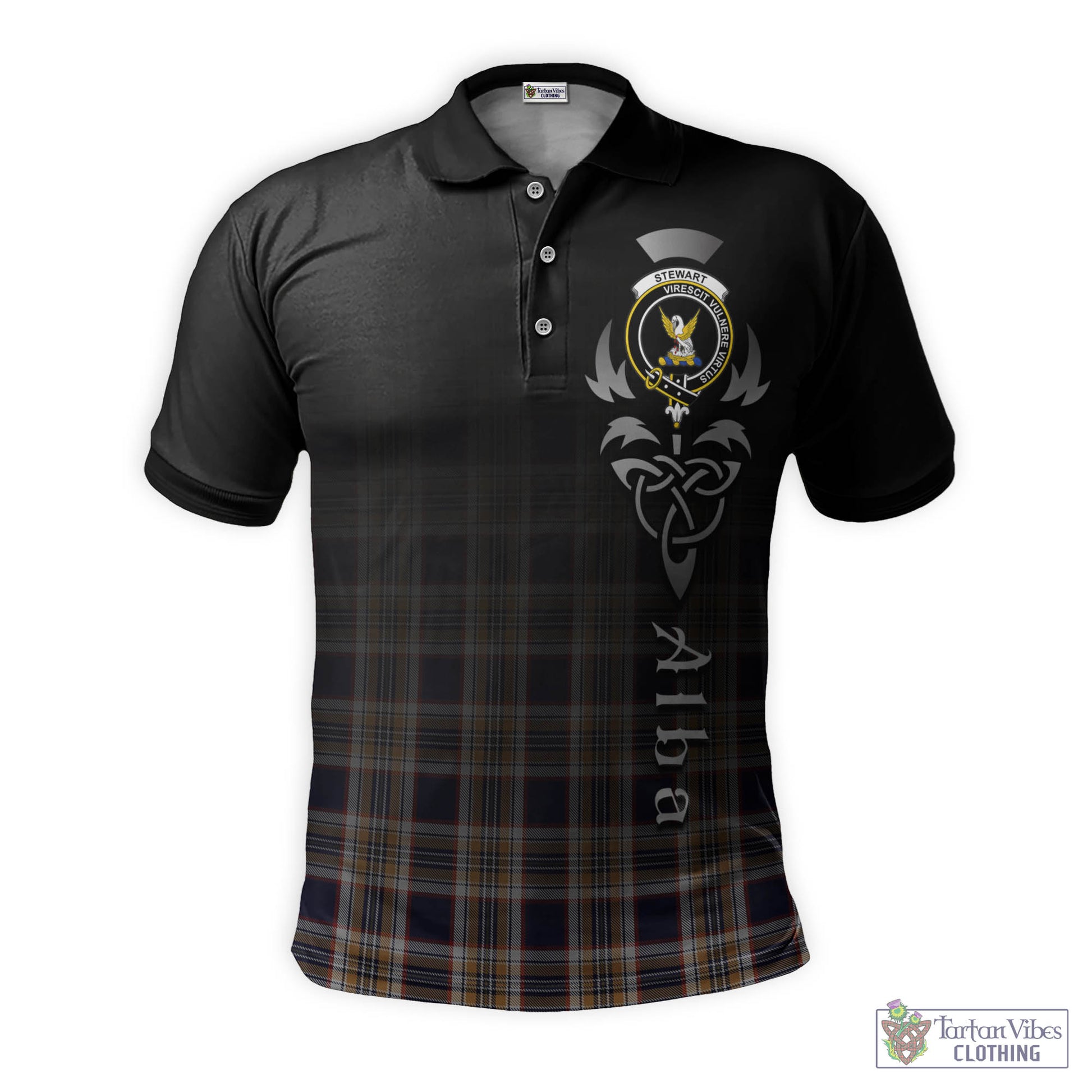 Tartan Vibes Clothing Stewart Navy Tartan Polo Shirt Featuring Alba Gu Brath Family Crest Celtic Inspired