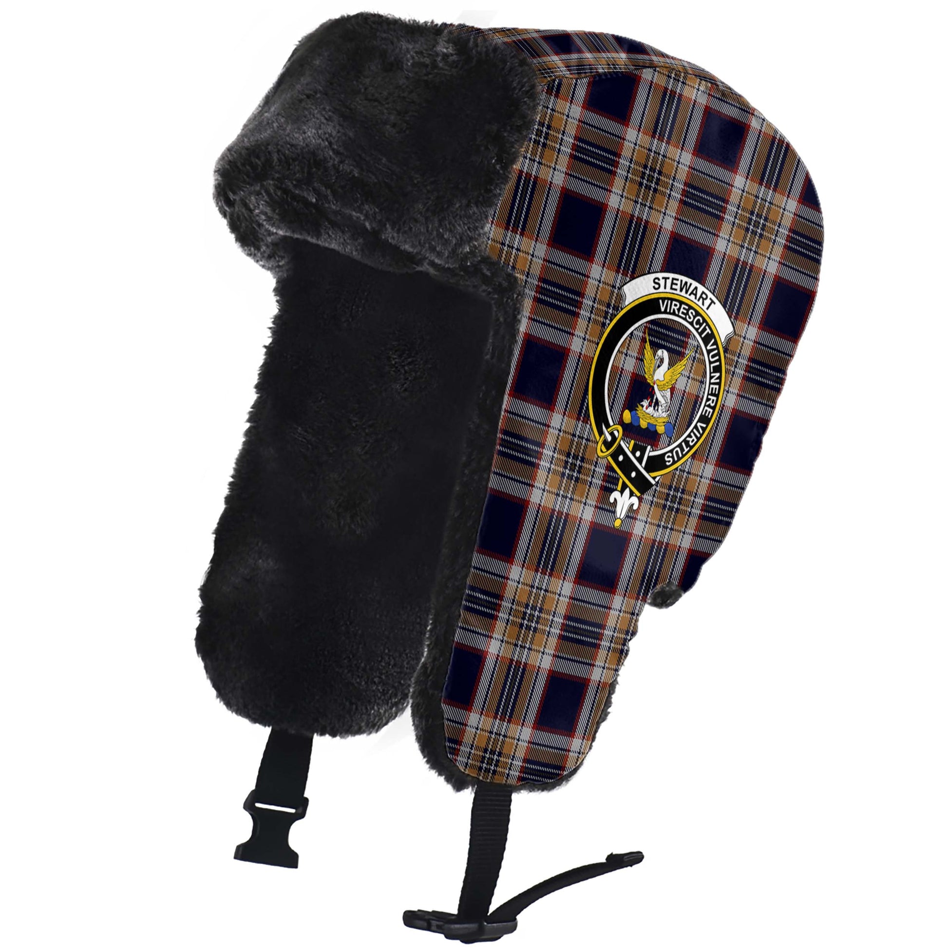 Stewart Navy Tartan Winter Trapper Hat with Family Crest - Tartanvibesclothing