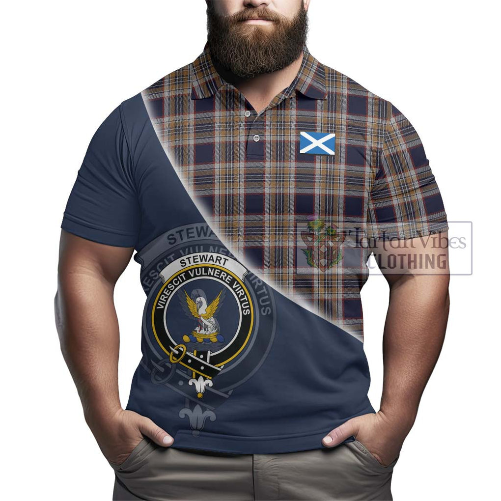 Stewart Navy Tartan Polo Shirt with Personalised National Flag and Family Crest Half Style - Tartanvibesclothing Shop