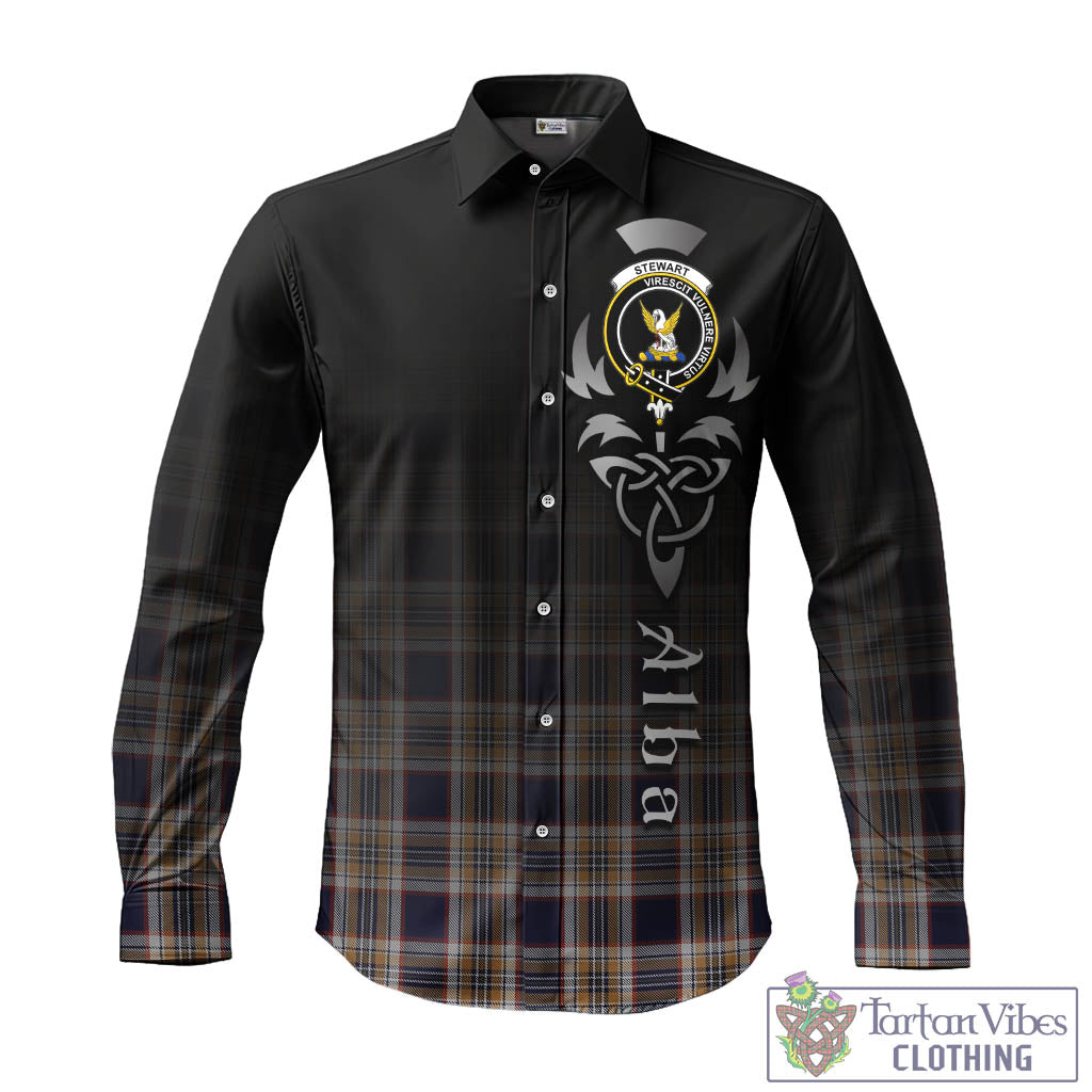 Tartan Vibes Clothing Stewart Navy Tartan Long Sleeve Button Up Featuring Alba Gu Brath Family Crest Celtic Inspired