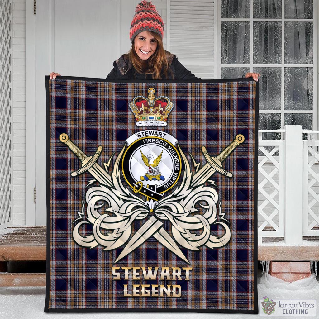 Tartan Vibes Clothing Stewart Navy Tartan Quilt with Clan Crest and the Golden Sword of Courageous Legacy