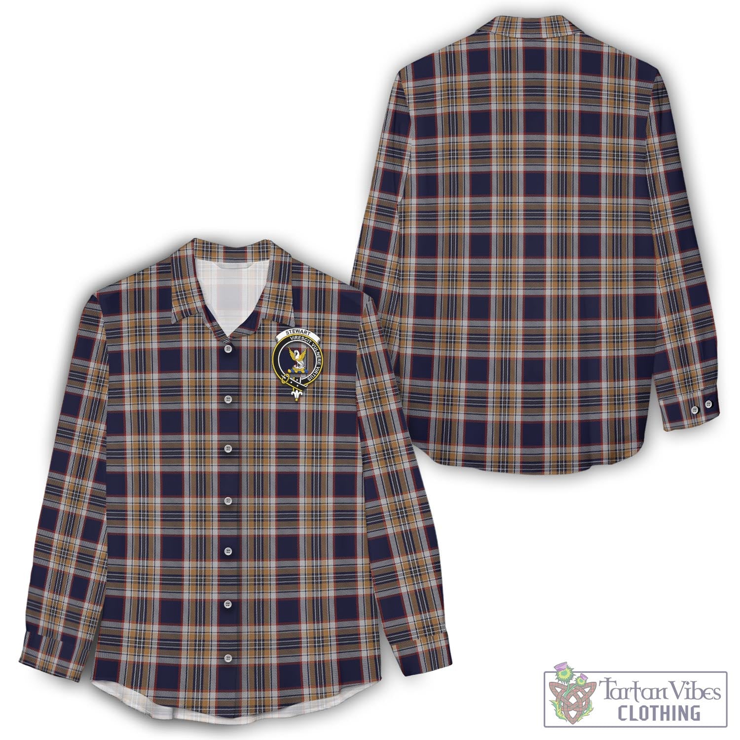 Tartan Vibes Clothing Stewart Navy Tartan Womens Casual Shirt with Family Crest