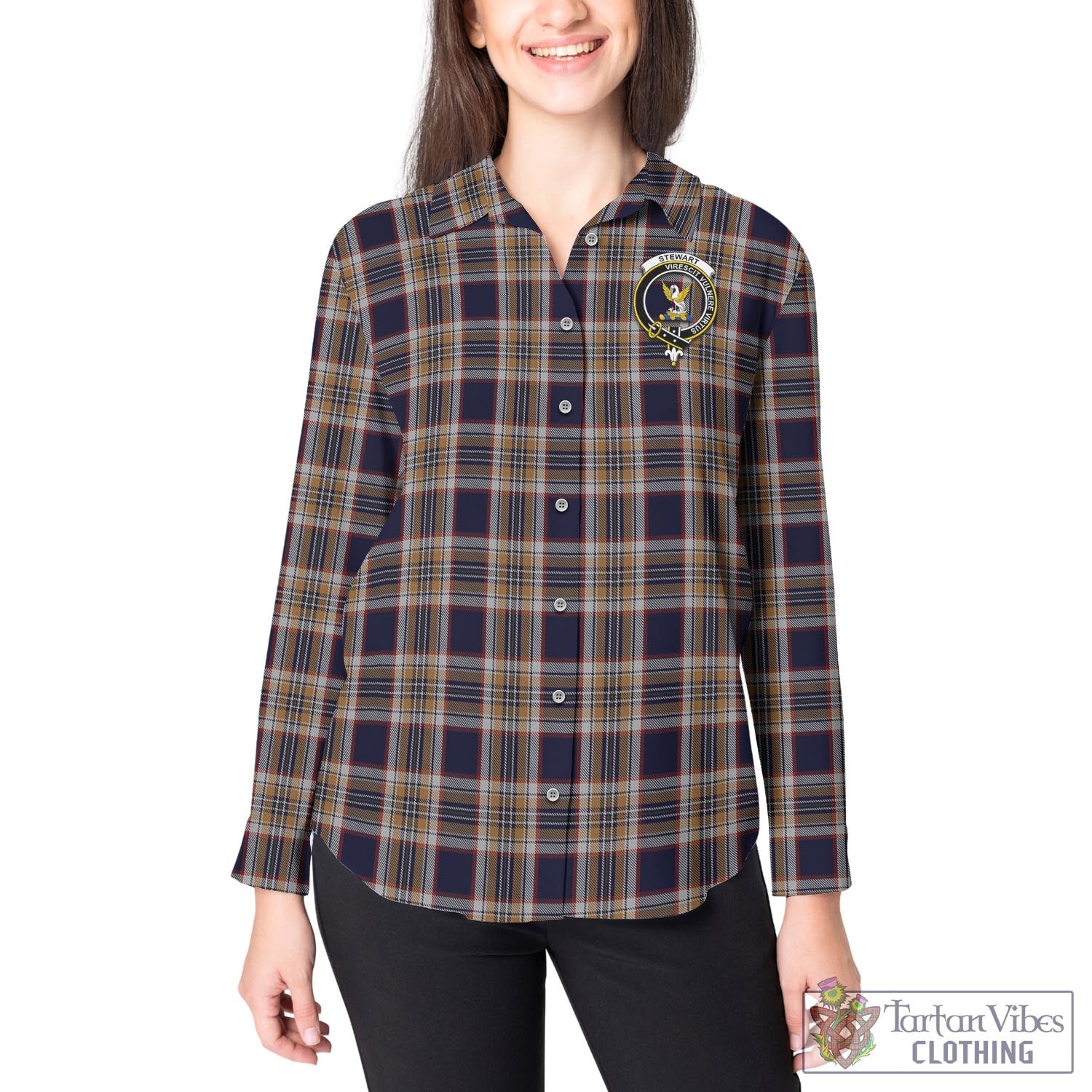 Tartan Vibes Clothing Stewart Navy Tartan Womens Casual Shirt with Family Crest