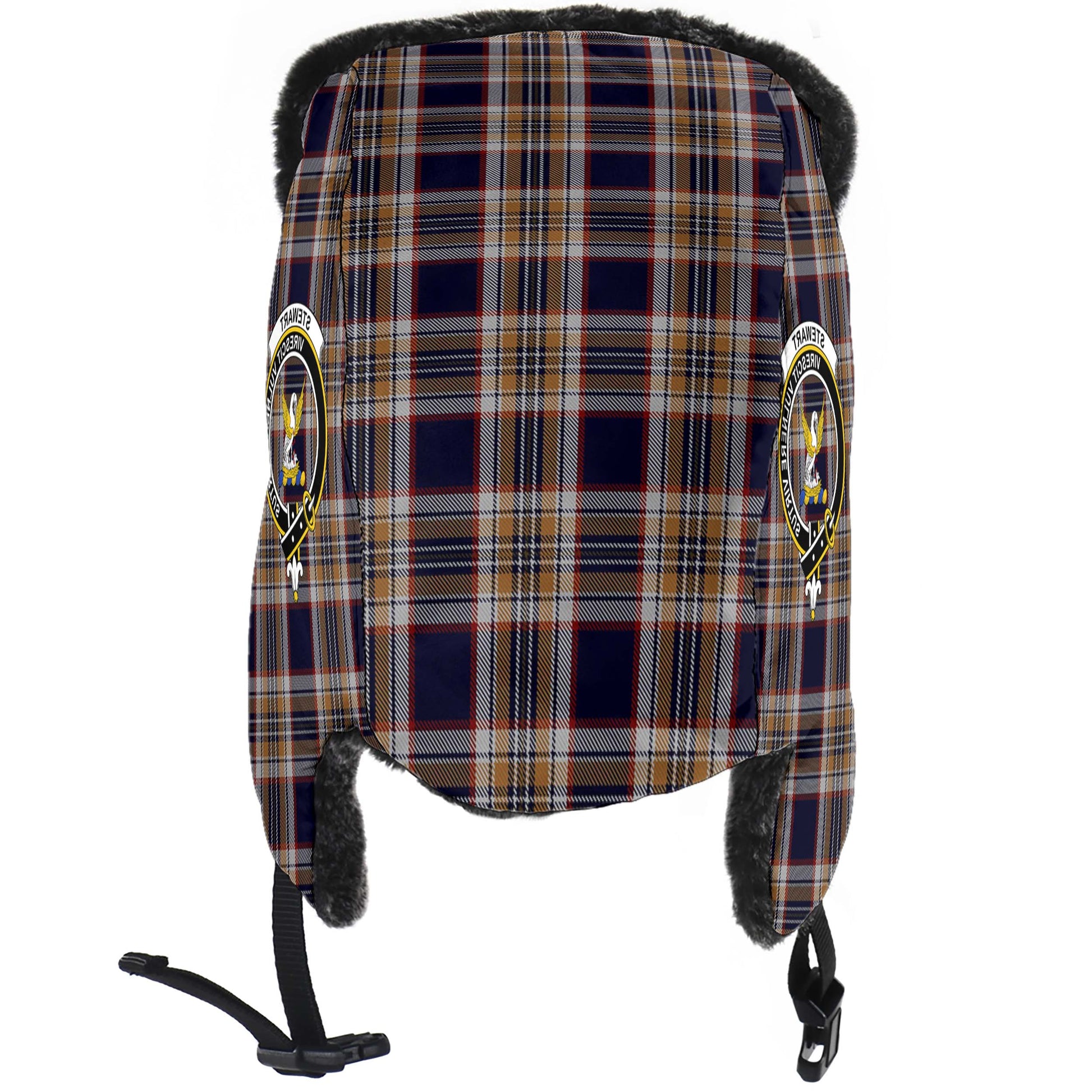 Stewart Navy Tartan Winter Trapper Hat with Family Crest - Tartanvibesclothing