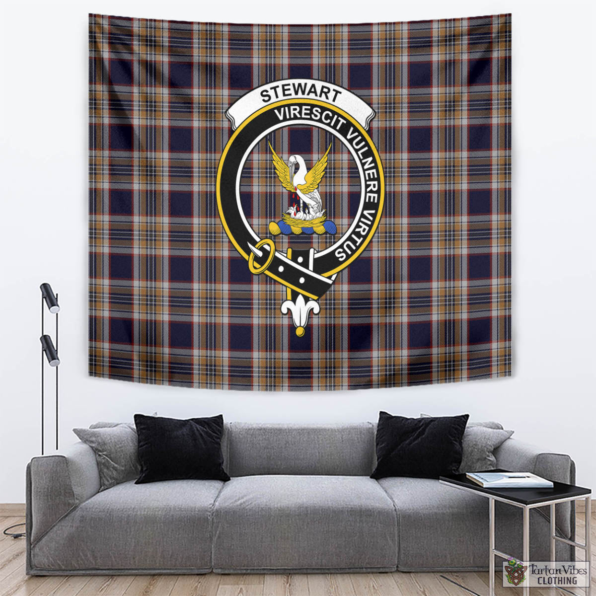 Tartan Vibes Clothing Stewart Navy Tartan Tapestry Wall Hanging and Home Decor for Room with Family Crest