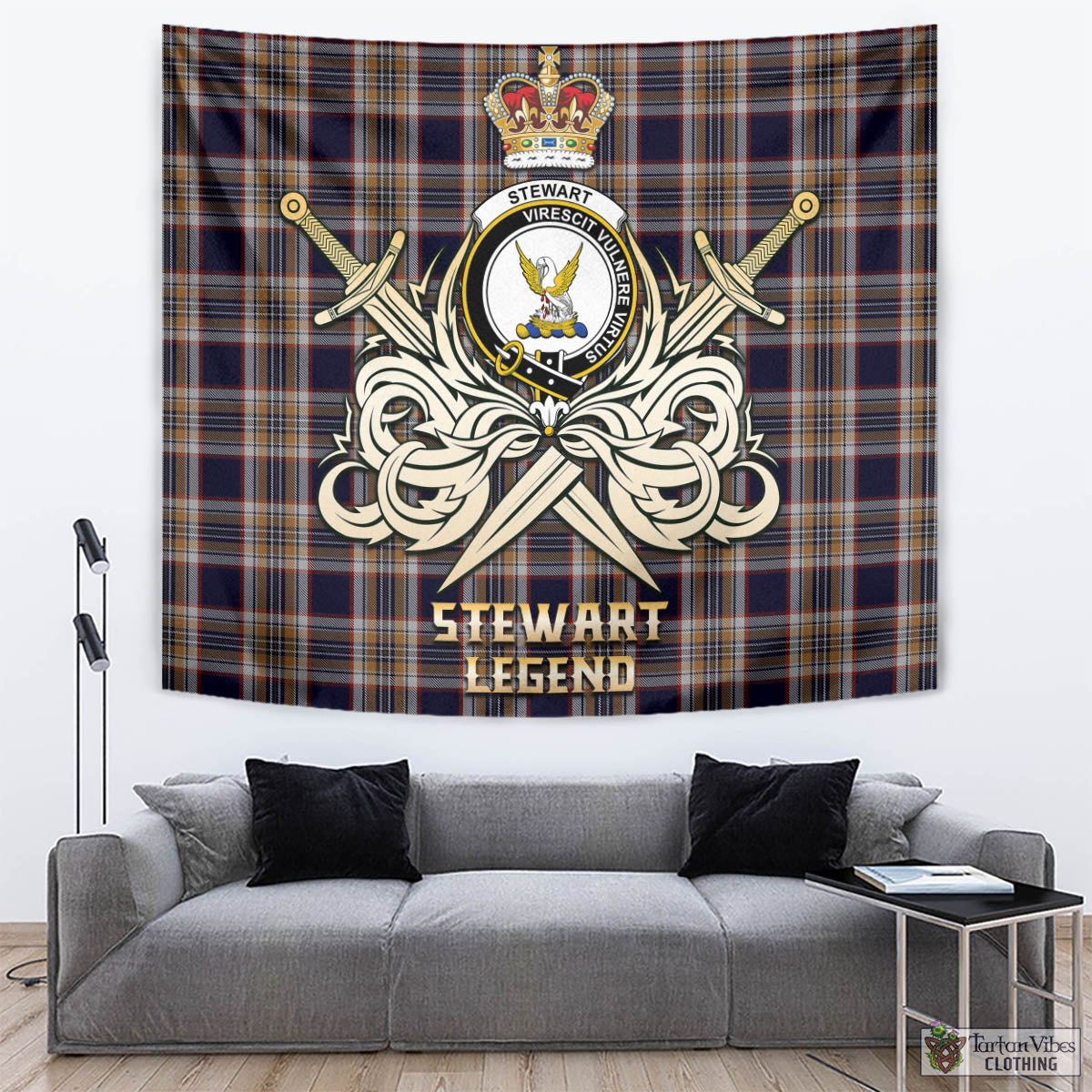 Tartan Vibes Clothing Stewart Navy Tartan Tapestry with Clan Crest and the Golden Sword of Courageous Legacy