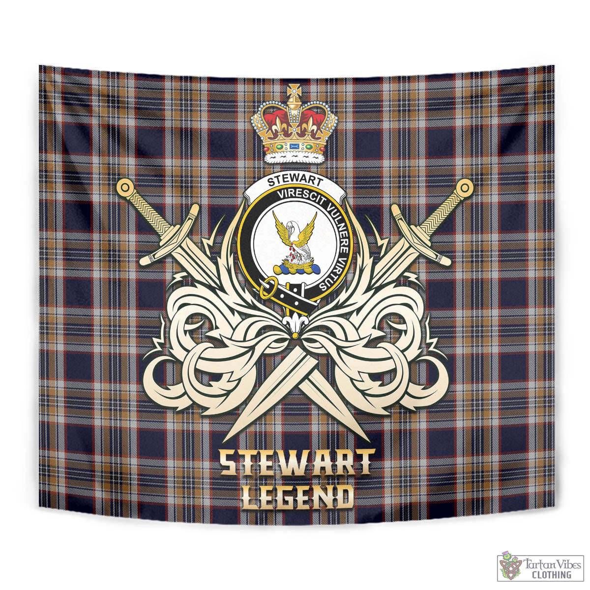 Tartan Vibes Clothing Stewart Navy Tartan Tapestry with Clan Crest and the Golden Sword of Courageous Legacy